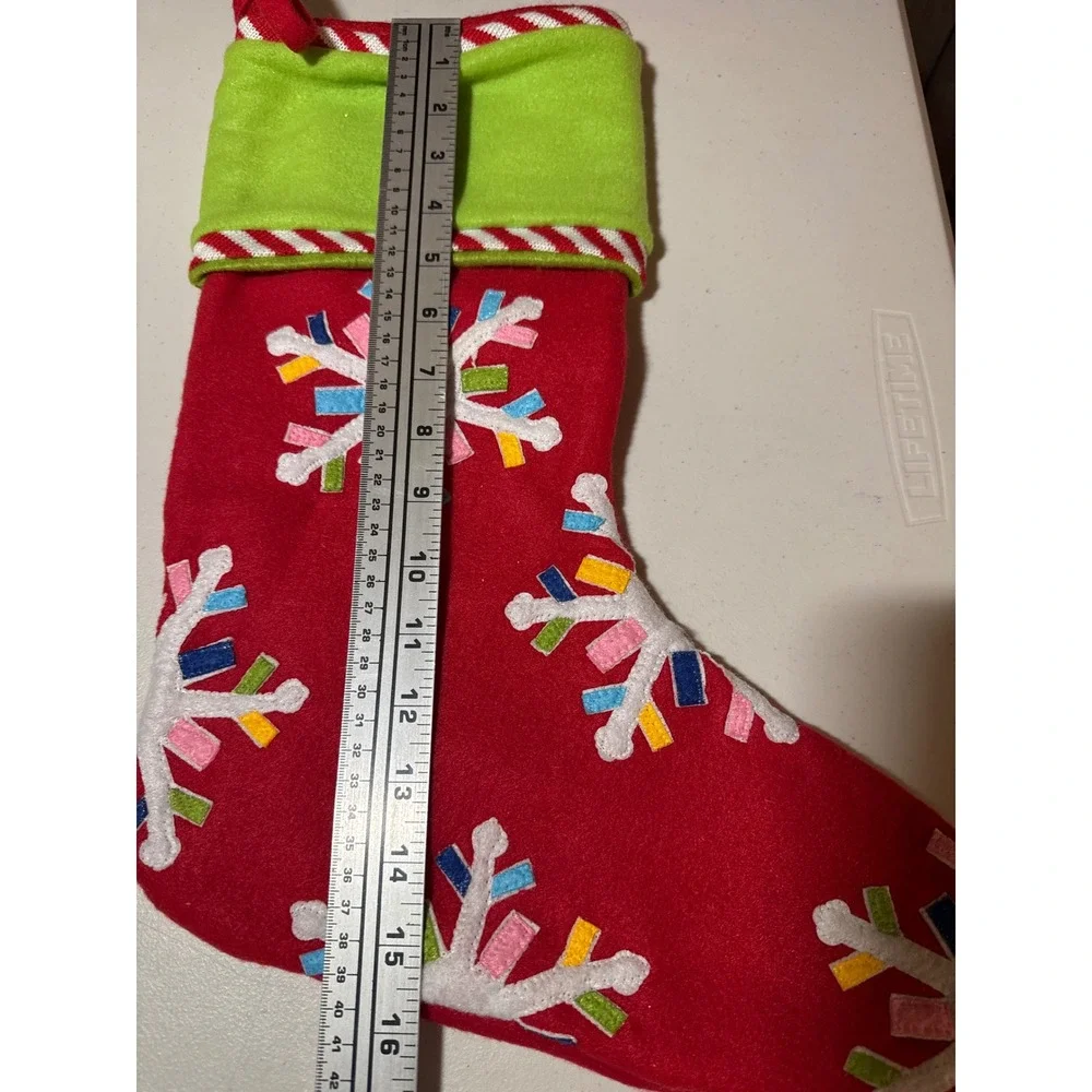Tai-Pan Trading Red Snowflake Christmas Stocking Green Cuff Candy Cane Trim 16in